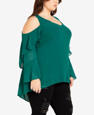 Plus Size Hi Lo Cold Shoulder Long Sleeve Top