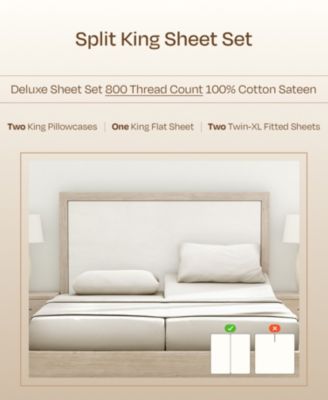 Luxury Bed Sheets Set - 800 Thread Count 100% Cotton Sheets, Deep Pocket, Soft, Cool & Breathable - Split King Size