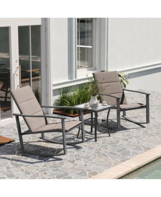 Brevyn 3 Piece Outdoor Bistro Set With Flex Comfort Rocking Chairs And Steel Framed Glass Top Table