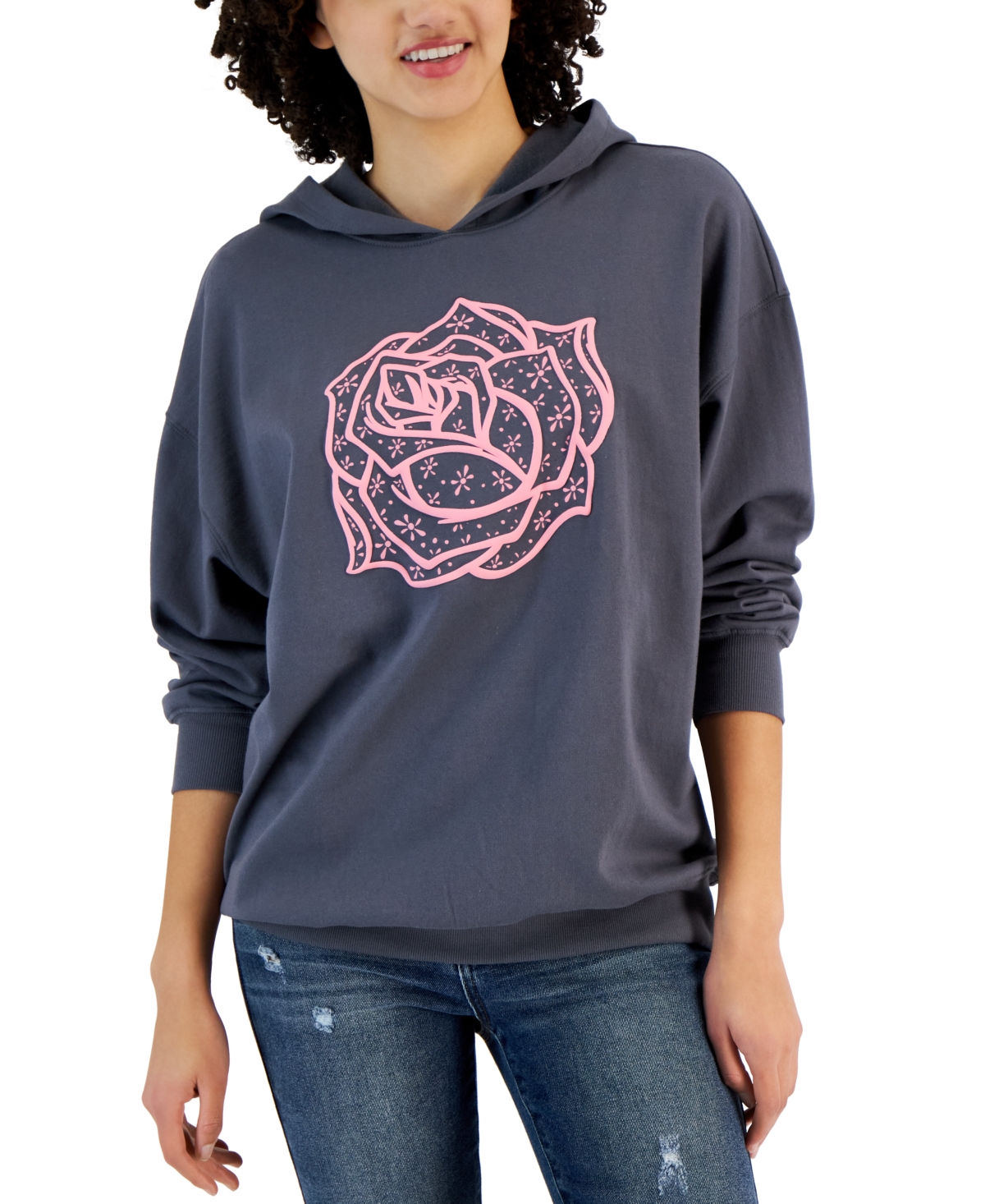 Juniors' Hooded Rose Long-Sleeve Sweatshirt - Turbulence