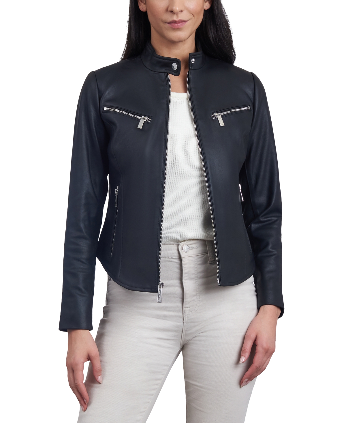 Michael Michael Kors Women's Leather Racer Jacket - Buff