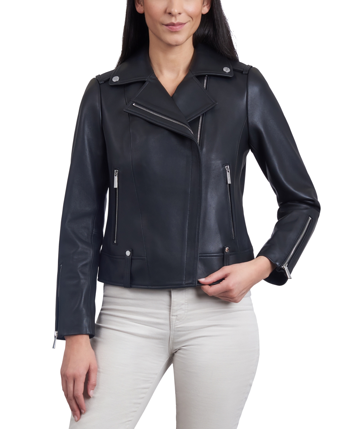 Shop Michael Kors Michael  Women's Leather Moto Jacket In Black