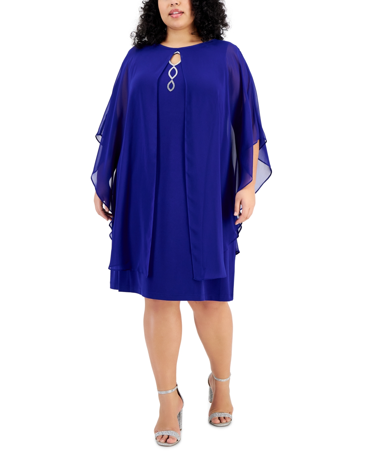 Connected Plus Size Cape-overlay Sheath Dress In Deep Cobalt