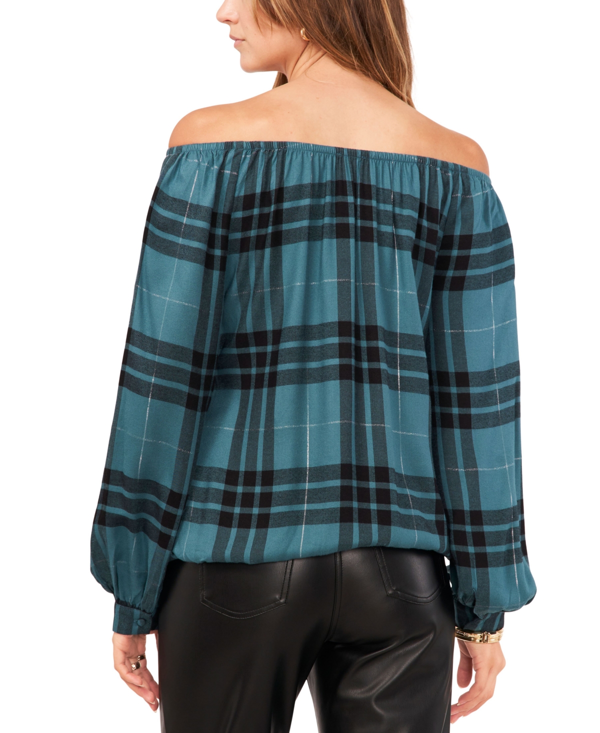 Vince Camuto Women's Off-The-Shoulder Plaid Tie-Front Bouse