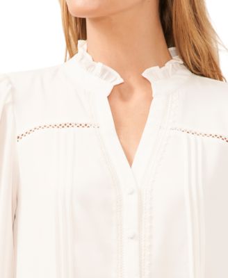Women's Lace Trimmed Pintuck 3/4-Sleeve Button Front Blouse