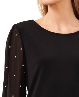 Women's Mixed Media Imitation-Pearl-Stud Top