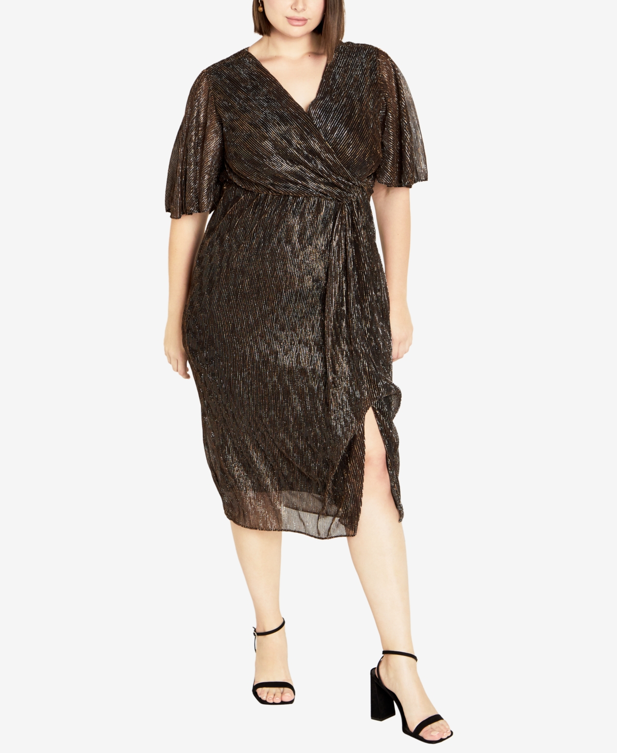 Avenue Plus Size Julia Plisse V-neck Wrap Dress In Bronze
