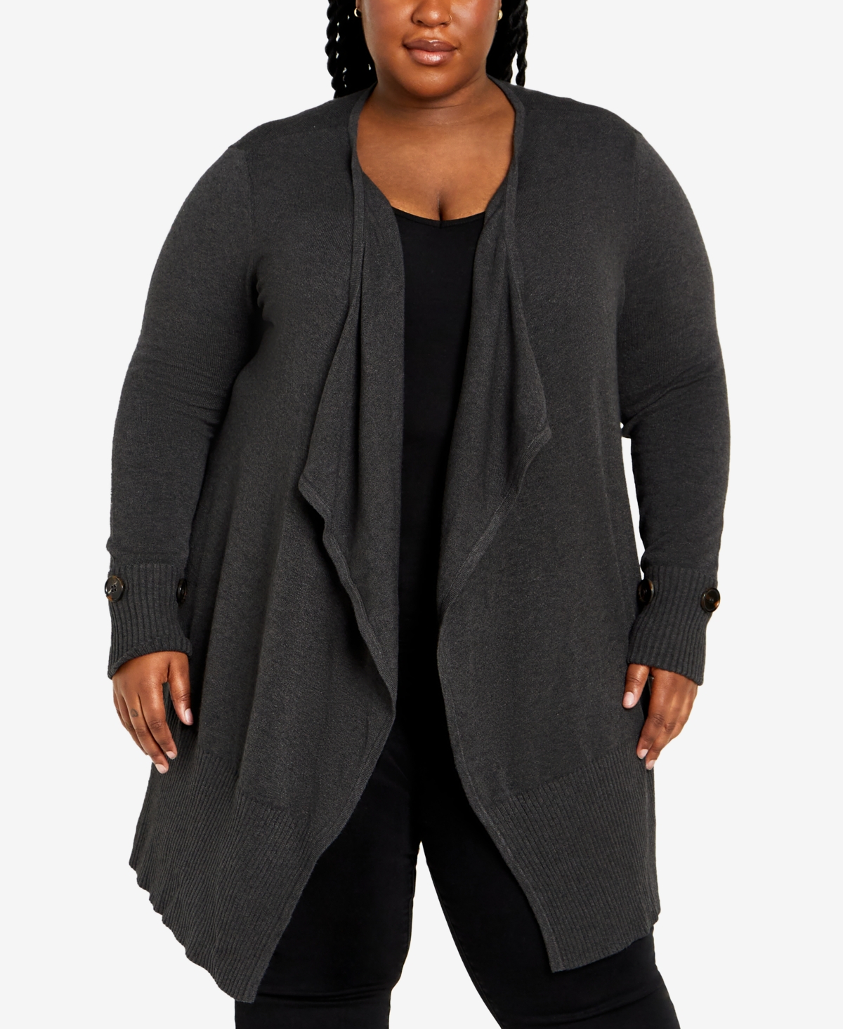 Avenue Plus Size Big Button Cuff Cardigan Sweater In Charcoal
