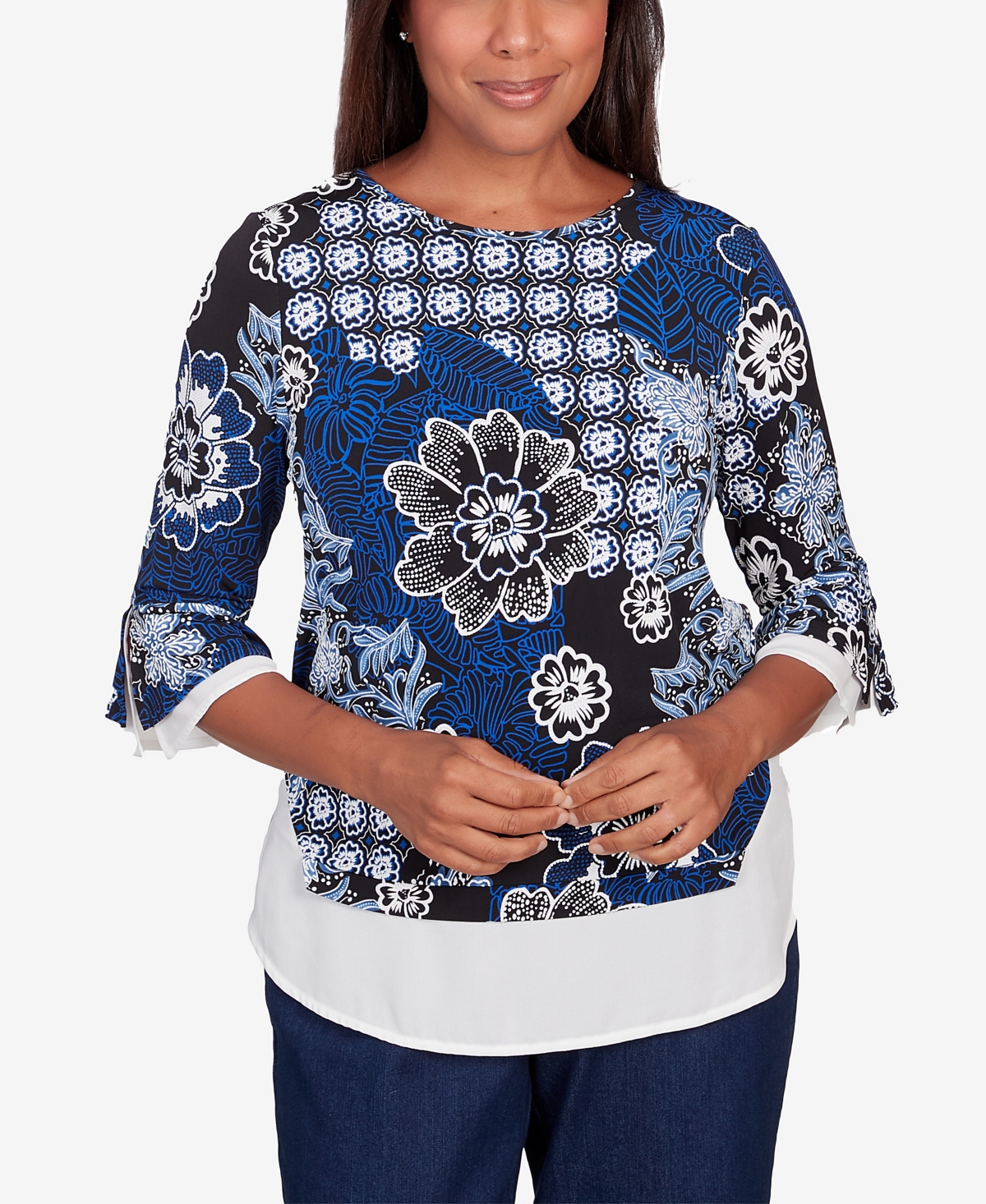 Shop Alfred Dunner Petite Downtown Vibe Floral Flutter Sleeve Top With Woven Trim In Multi