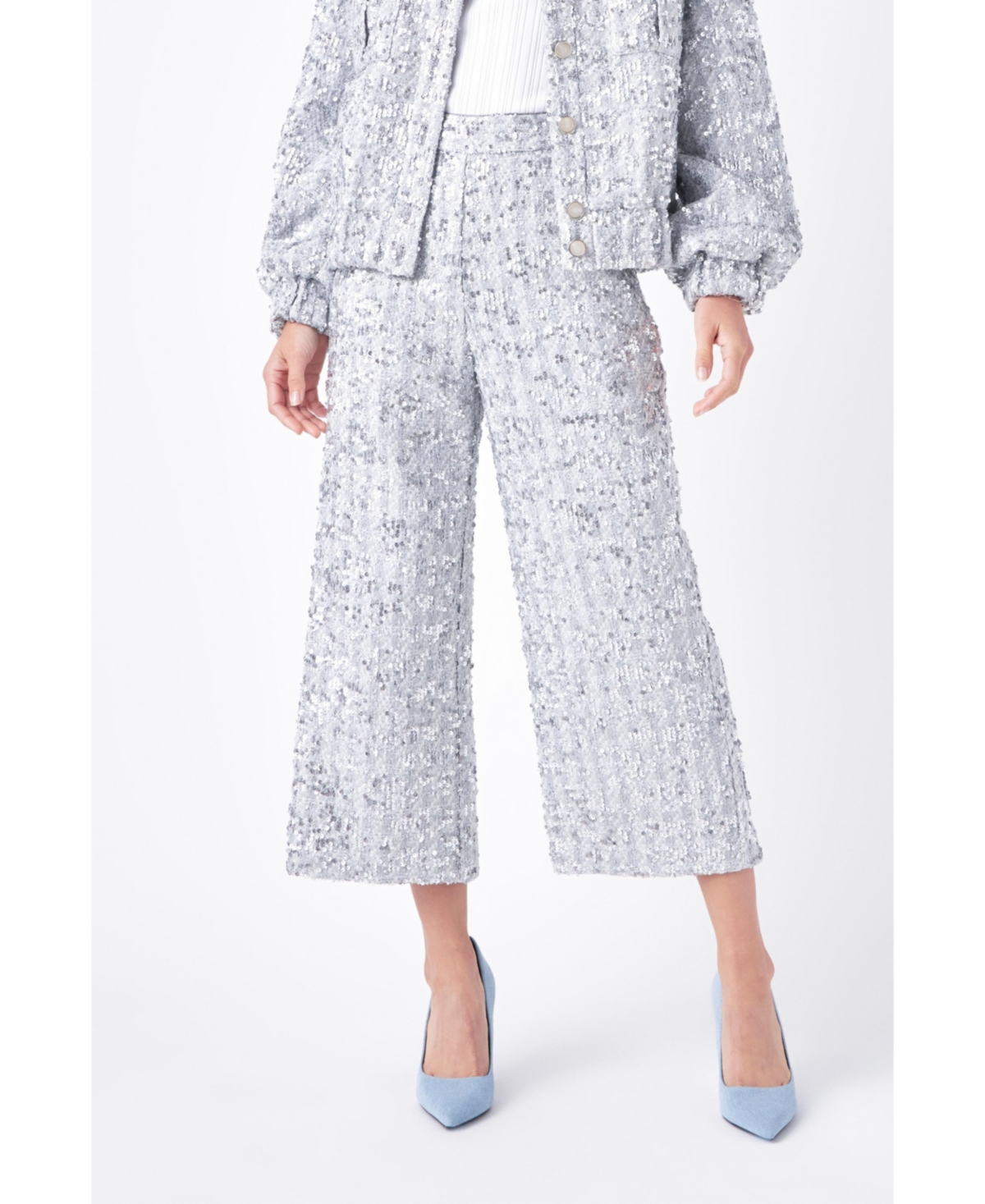 English Factory Women s Sequin Tweed Culotte Pants In Silver