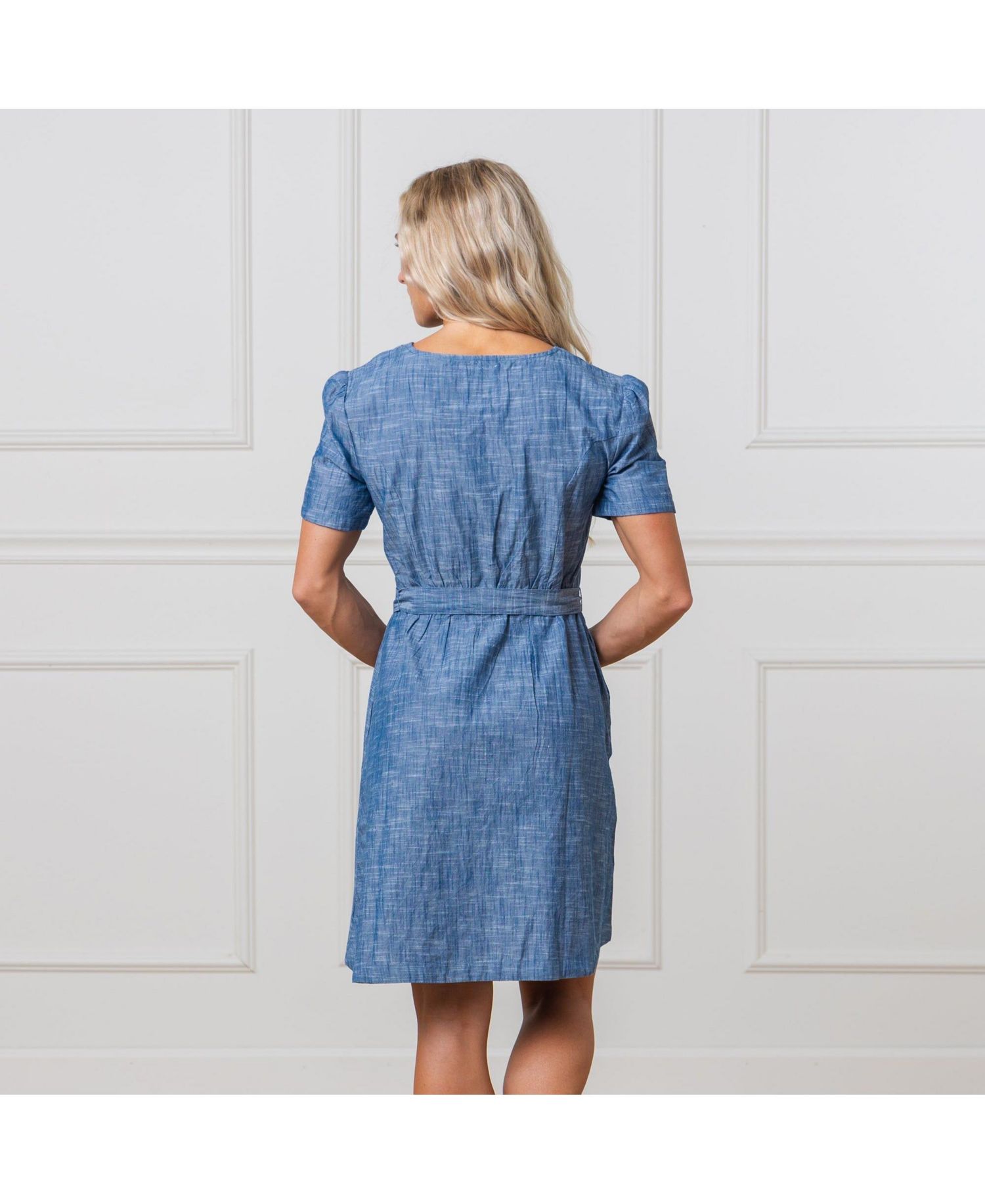 Women's Hope and Henry Short Sleeve Button Front Chambray Dress with Waist Sash