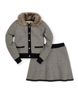 Girls Long Sleeve Cardigan and Skirt Sweater Set with Trim