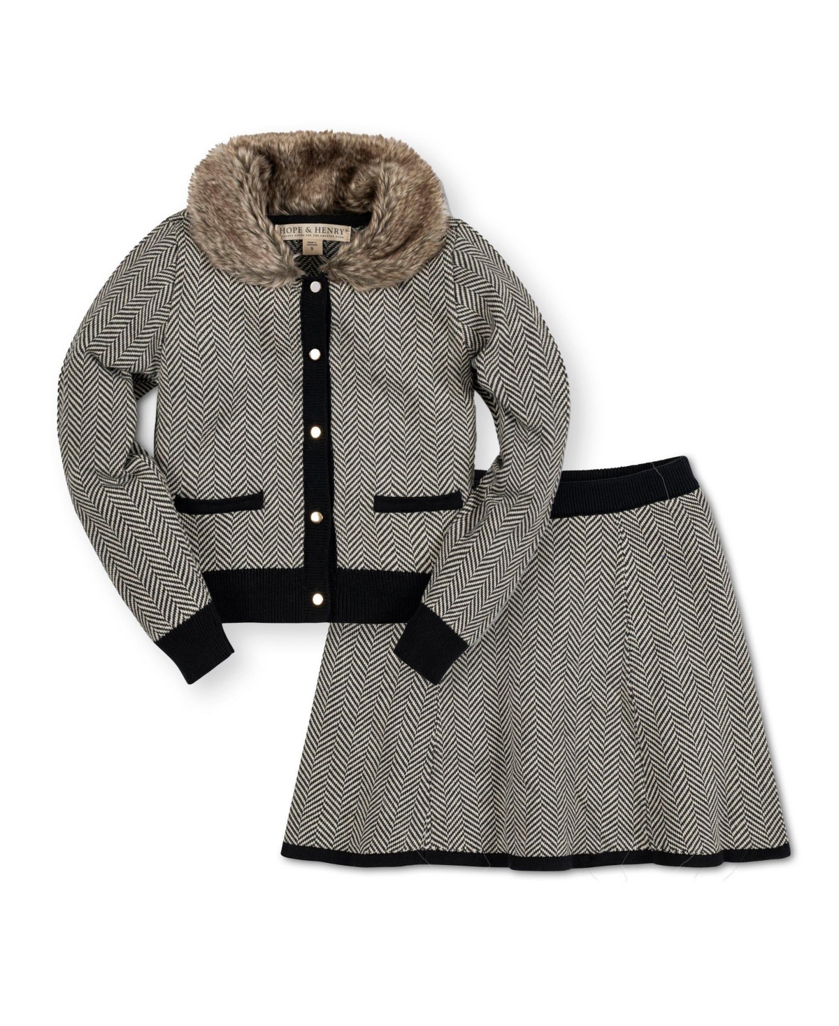 Hope & Henry Girls Long Sleeve Cardigan and Skirt Sweater Set with Trim - Charcoal and ivory herringbone