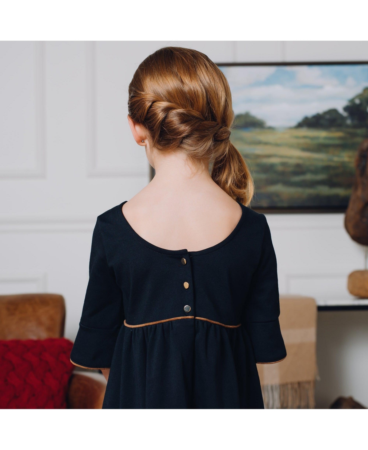 Hope & Henry Big Girls Ruffle Sleeve Ponte Dress with Suede Detail - Black with suede piping