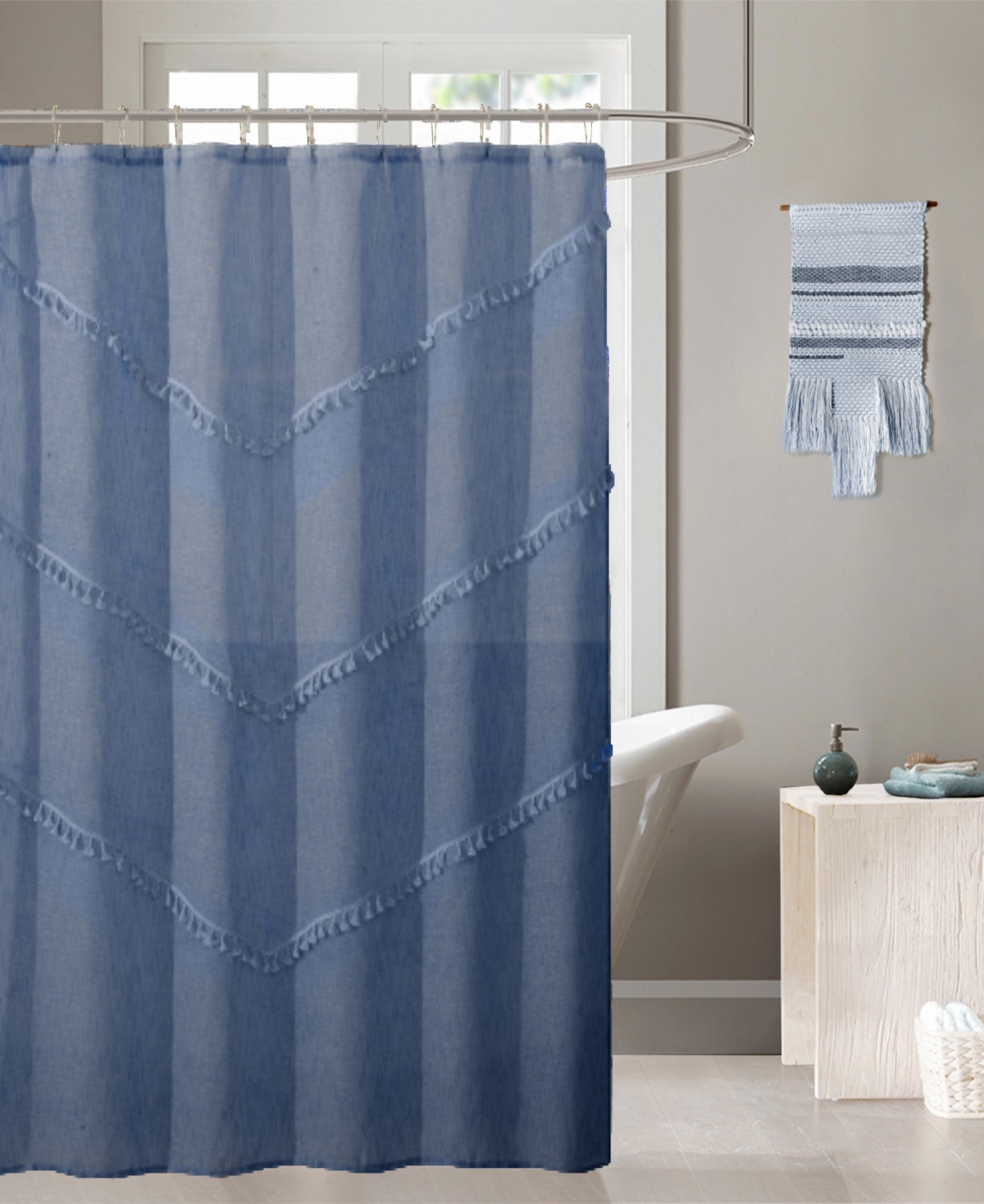 Dainty Home Natural Tassels Shower Curtain, 72" X 70" In Denim Blue