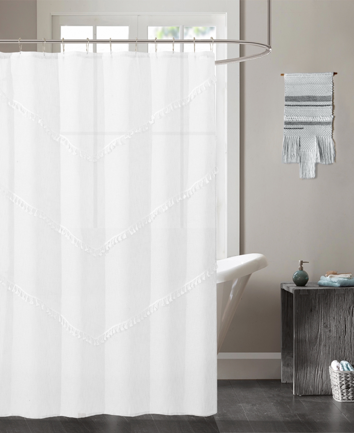 Dainty Home Natural Tassels Shower Curtain, 72" X 70" In White