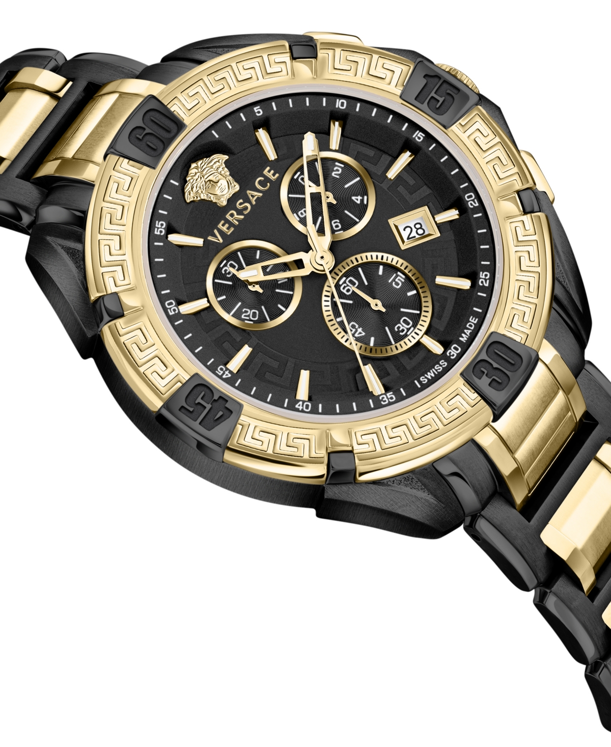 Shop Versace Men's Swiss Chronograph V-greca Two-tone Stainless Steel Bracelet Watch 46mm In Two Tone