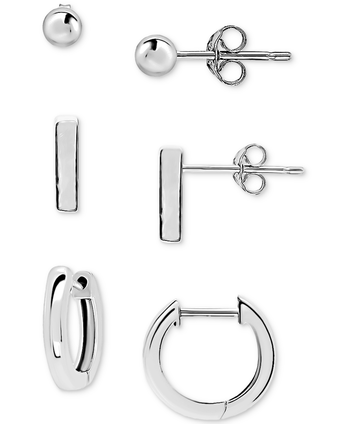 Giani Bernini 3-pc. Set Polished Ball Stud, Bar Stud, & Huggie Hoop Earrings, Created For Macy's In Silver