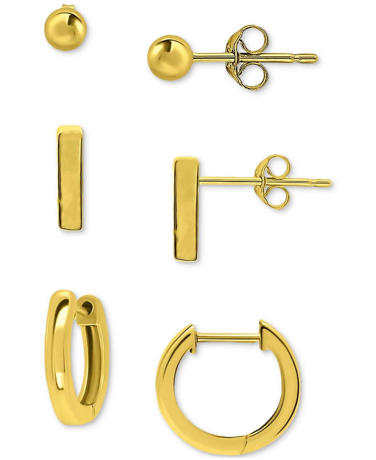Giani Bernini 3-pc. Set Polished Ball Stud, Bar Stud, & Huggie Hoop Earrings, Created For Macy's In Gold Over Silver