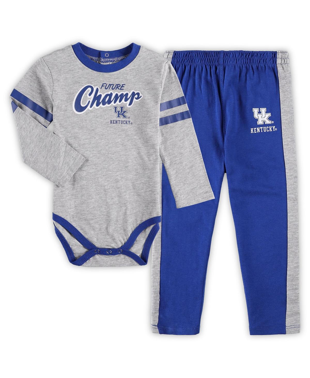 OUTERSTUFF INFANT BOYS AND GIRLS HEATHERED GRAY, ROYAL KENTUCKY WILDCATS LITTLE KICKER LONG SLEEVE BODYSUIT AND