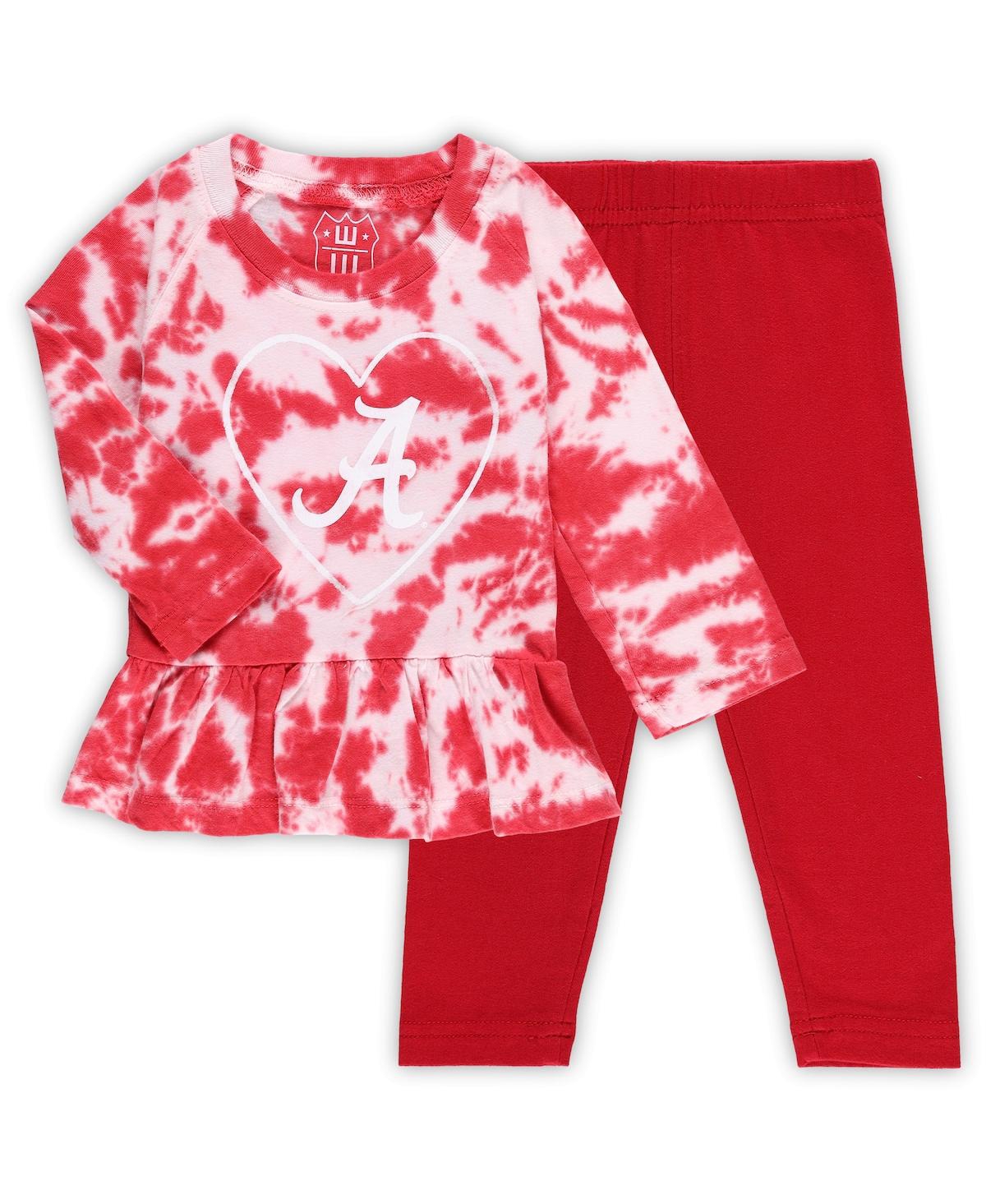 WES & WILLY GIRLS INFANT WES & WILLY CRIMSON ALABAMA CRIMSON TIDE TIE-DYE RUFFLE RAGLAN LONG SLEEVE T-SHIRT AND 