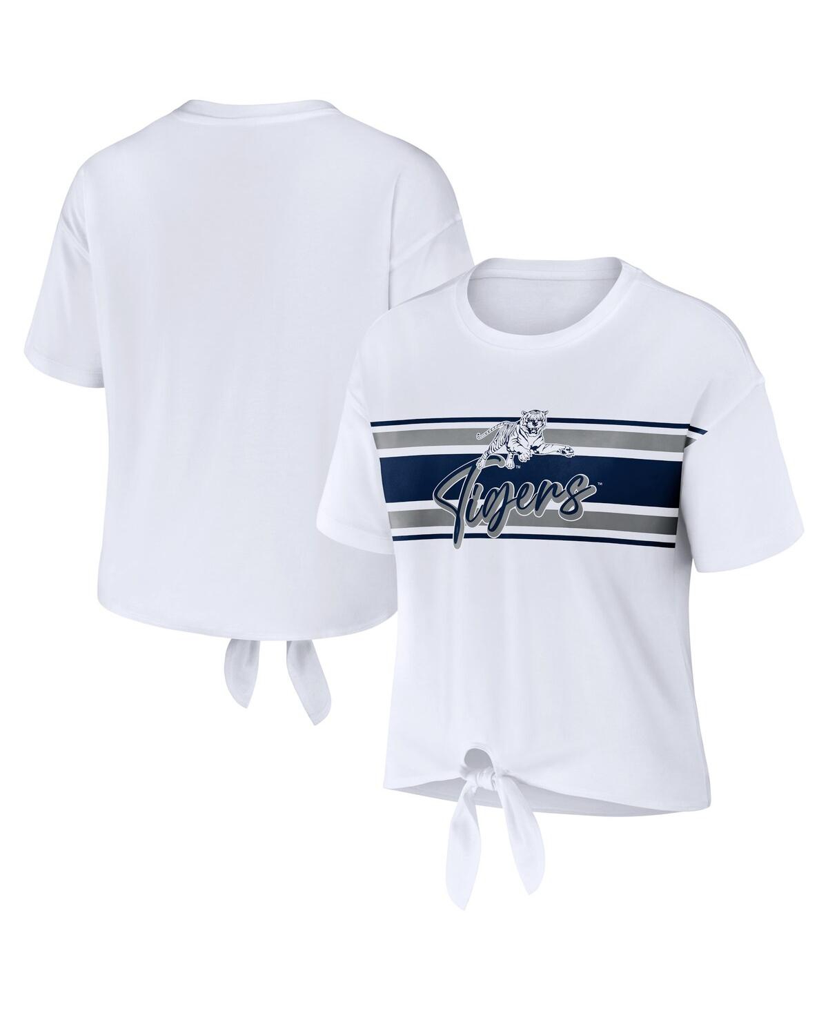 Shop Wear By Erin Andrews Women's  White Jackson State Tigers Striped Front Knot Cropped T-shirt