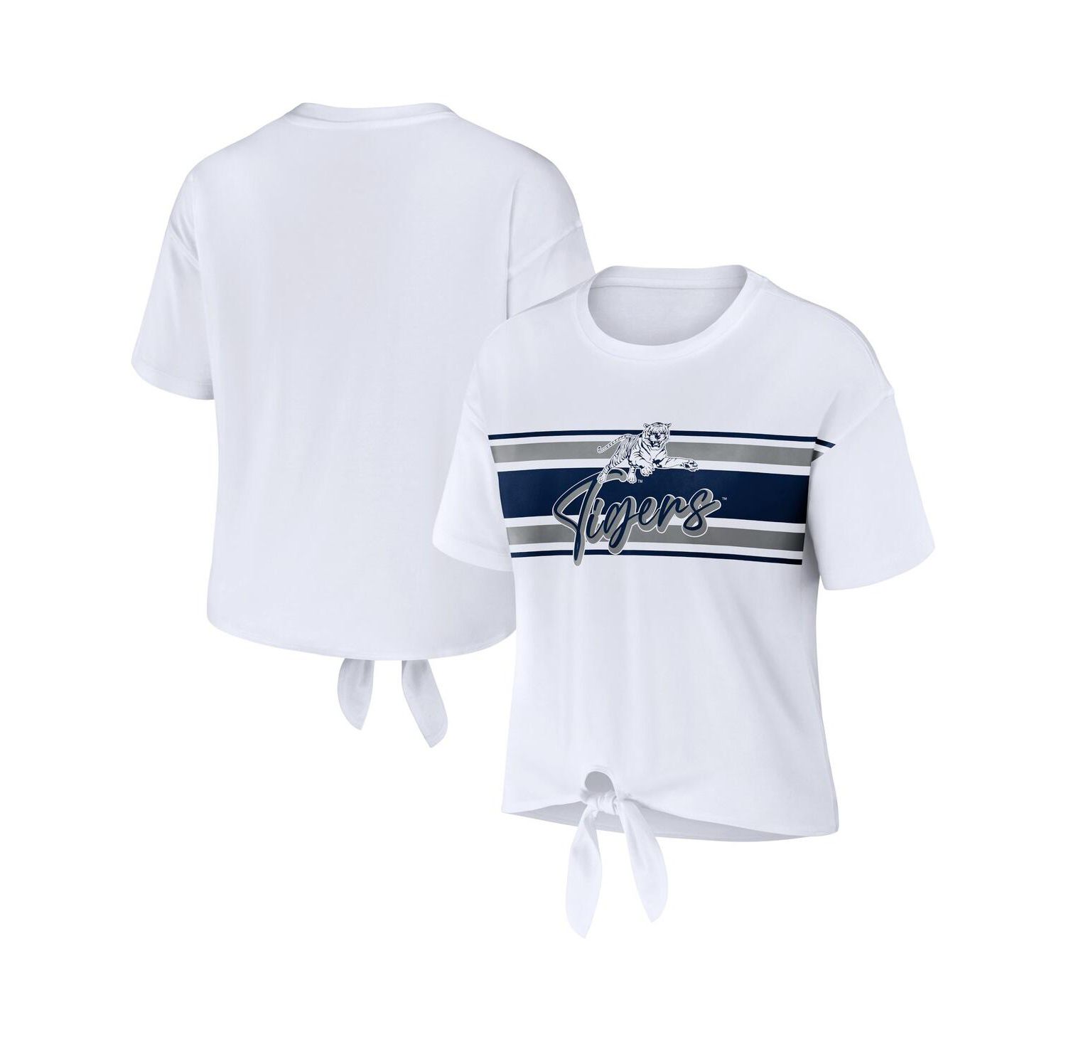 Women's White Jackson State Tigers Striped Front Knot Cropped T-shirt
