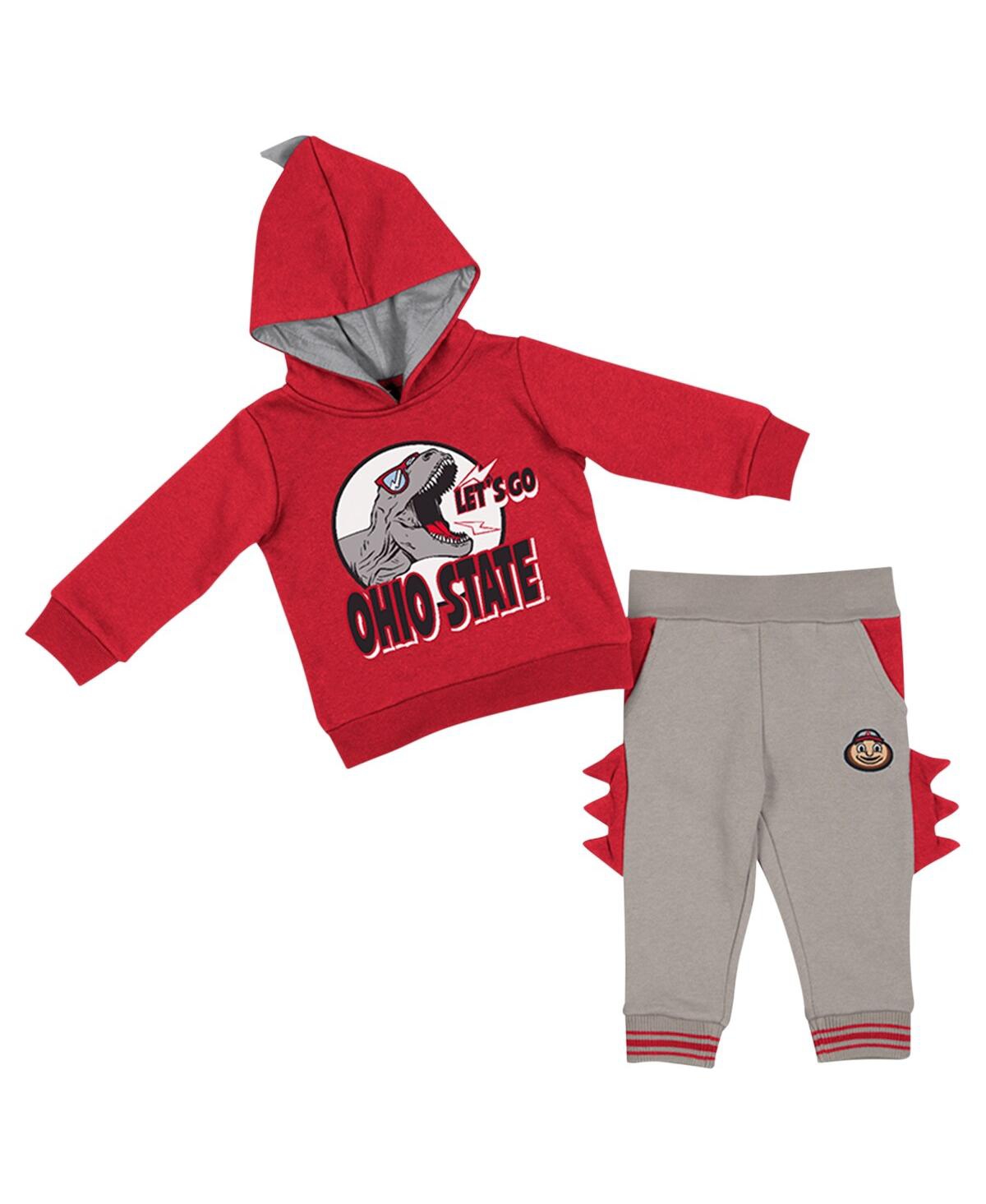 Colosseum Babies' Infant Boys And Girls  Scarlet, Gray Ohio State Buckeyes Dino Pullover Hoodie And Pants Set In Scarlet,gray