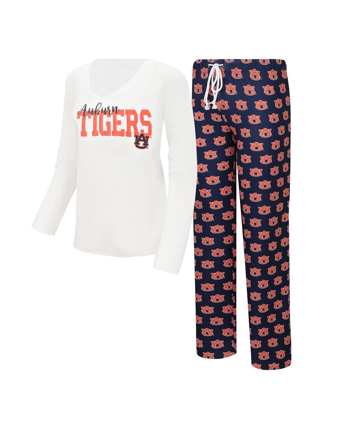 Concepts Sport Women's  White, Navy Auburn Tigers Long Sleeve V-neck T-shirt And Gauge Pants Sleep Se In White,navy
