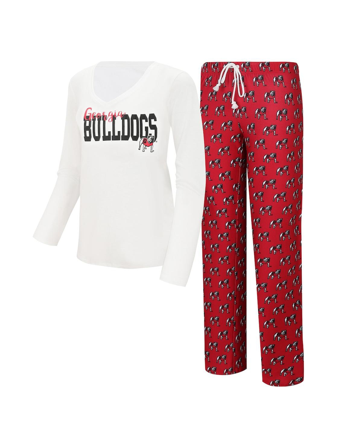 Concepts Sport Women's  White, Red Georgia Bulldogs Long Sleeve V-neck T-shirt And Gauge Pants Sleep In White,red