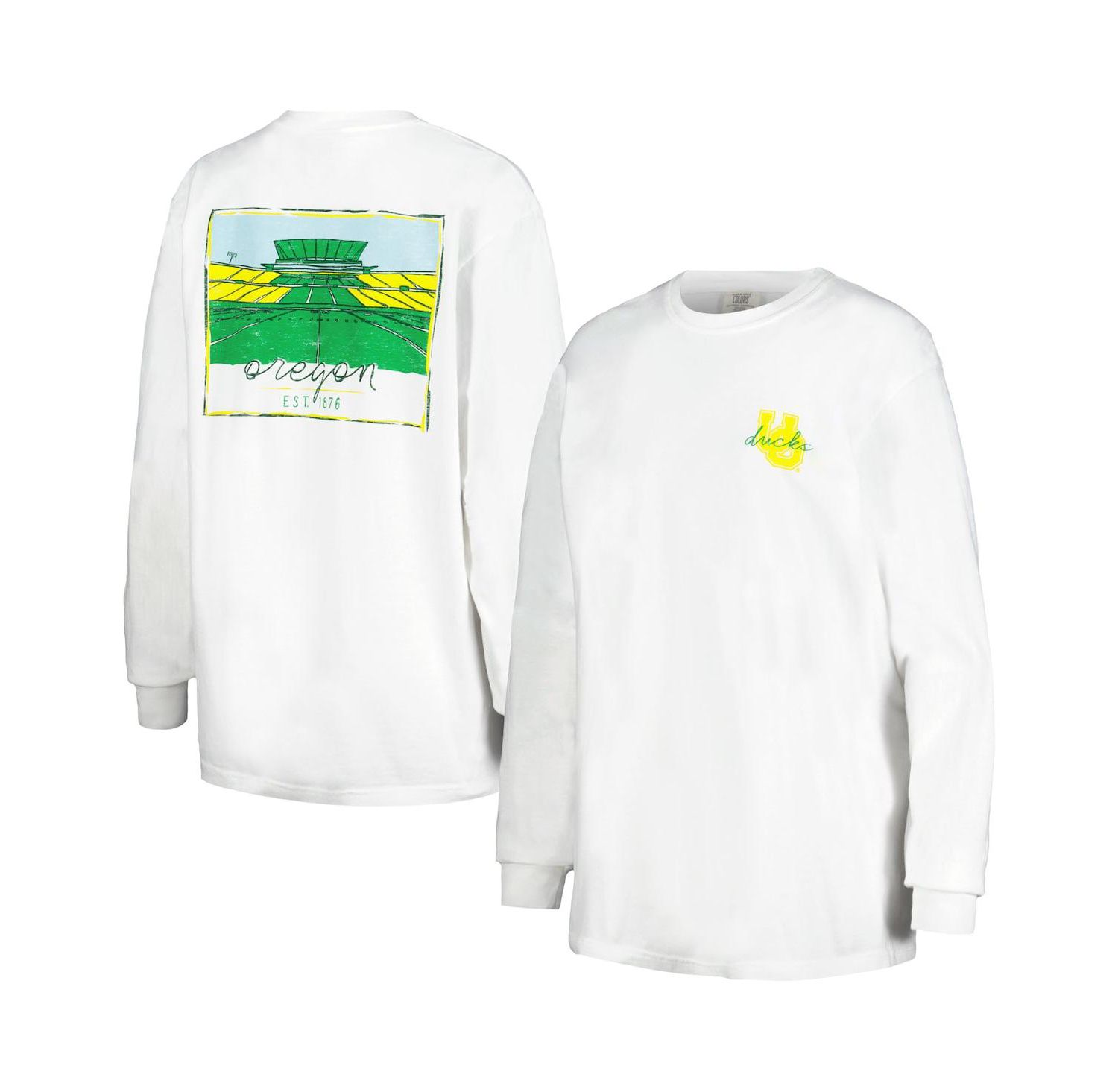 Women's White Distressed Oregon Ducks Hand-Drawn Stadium Oversized Long Sleeve T-shirt