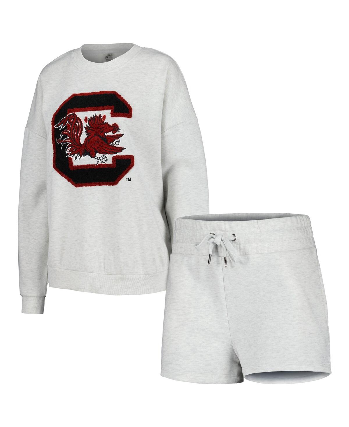 Gameday Couture Women's  Ash South Carolina Gamecocks Team Effort Pullover Sweatshirt And Shorts Slee