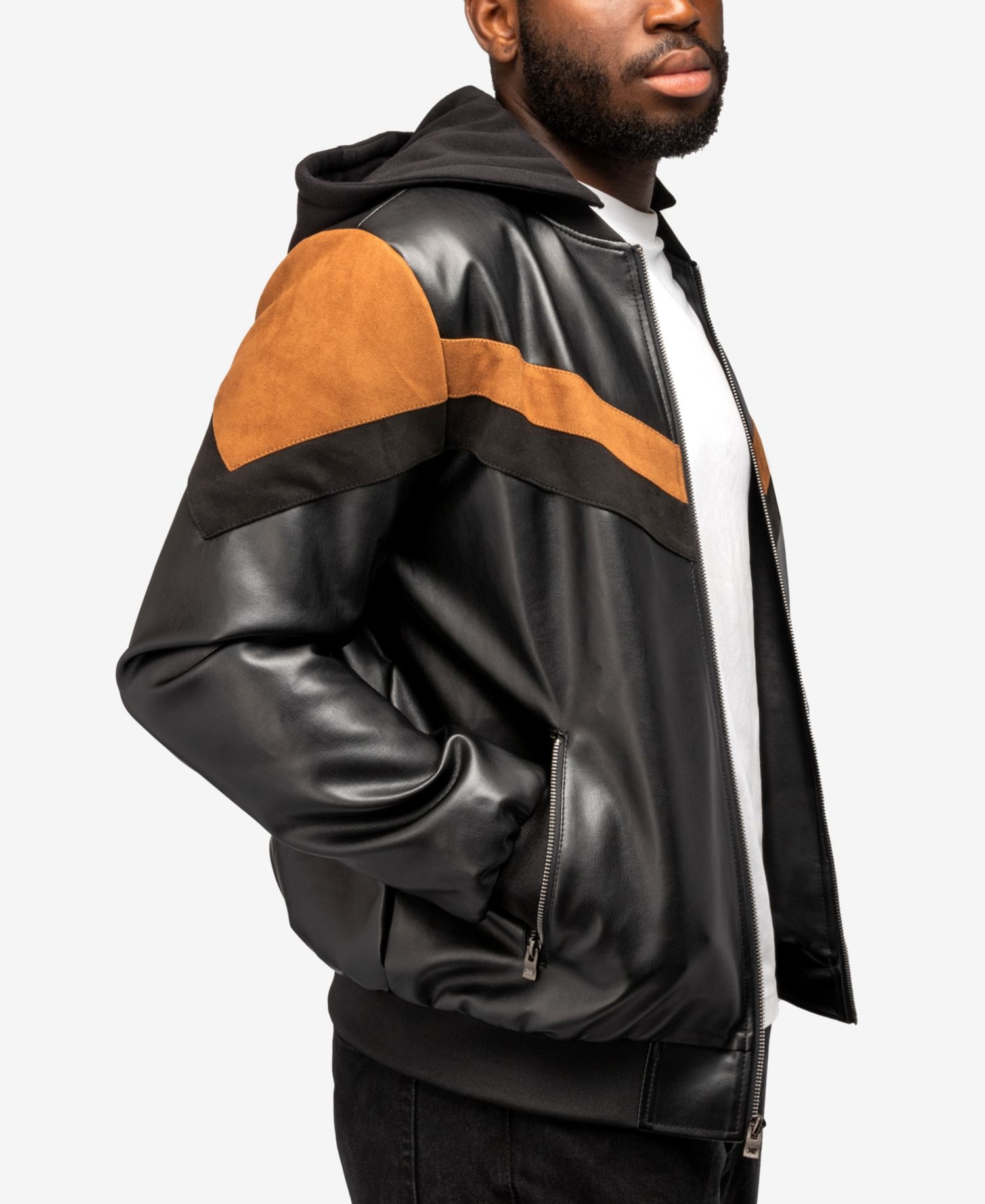 XRAY Men's Shiny PU Hooded Jacket With Faux Suede Detailing And Faux Shearling Lining