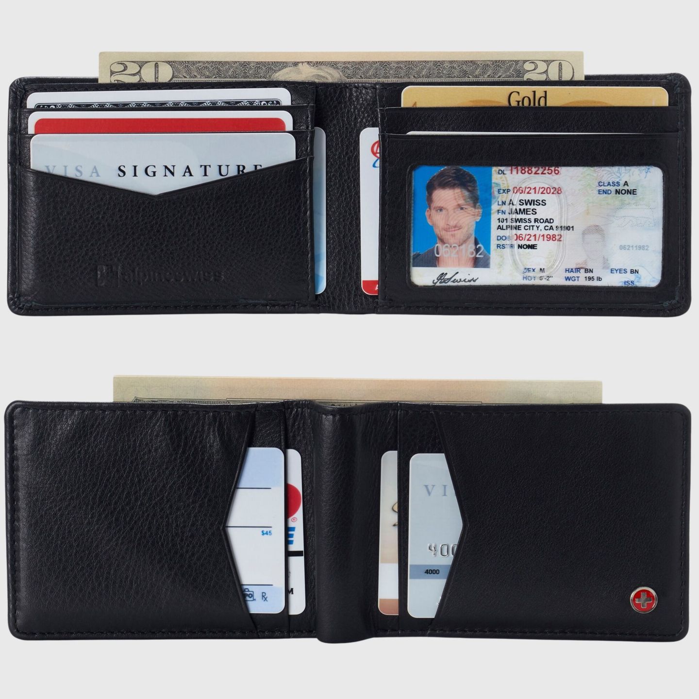 Мужской кошелёк Alpine Swiss Slimfold Wallet RFID Safe Bifold Genuine Leather ID Window, цвет: Чёрный — фото 2
