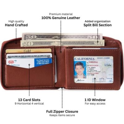Zipper Bifold Wallet for Men Women RFID Protected Genuine Leather