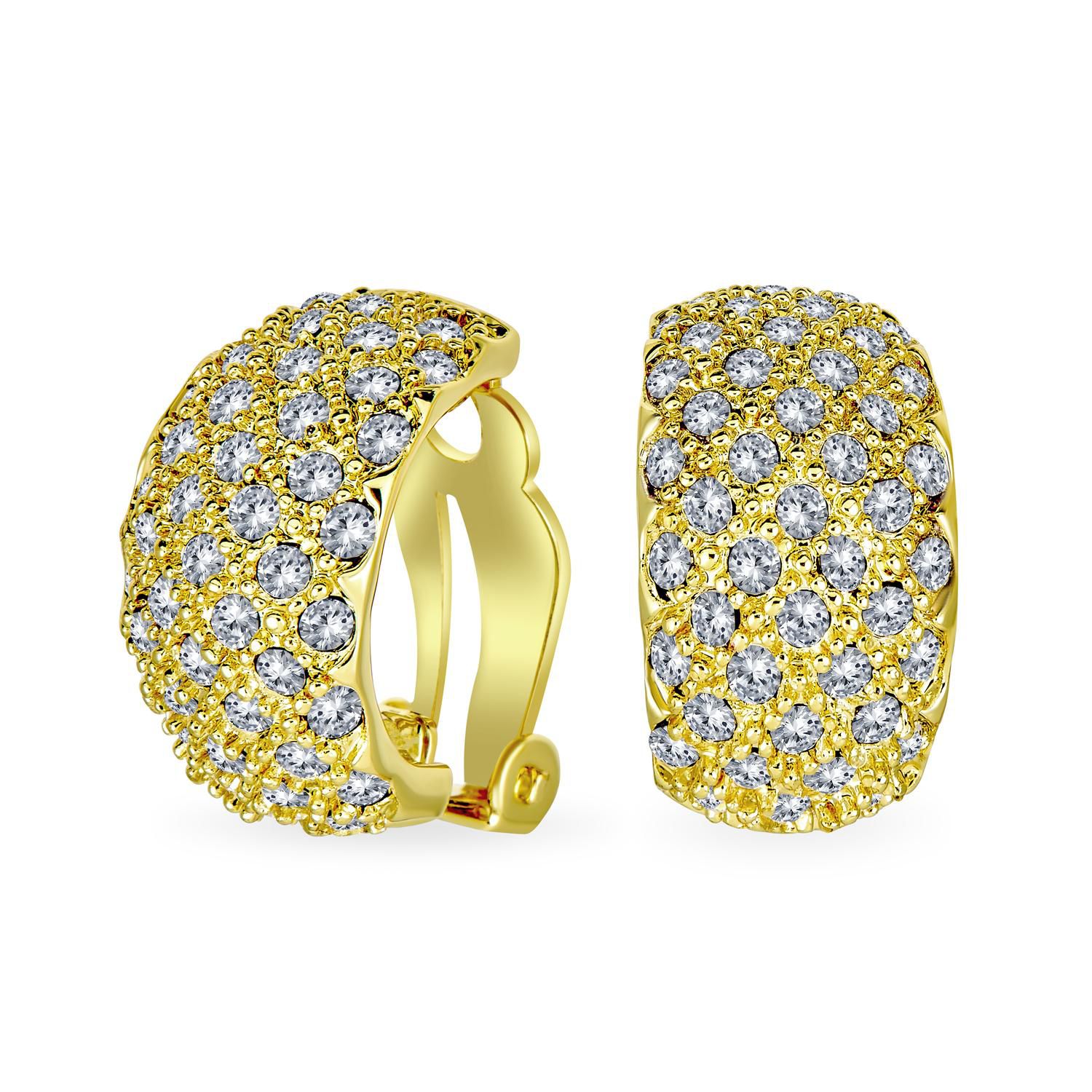 Cocktail Wide Pave Gold Encrusted Crystal Half Dome Clip On Earrings