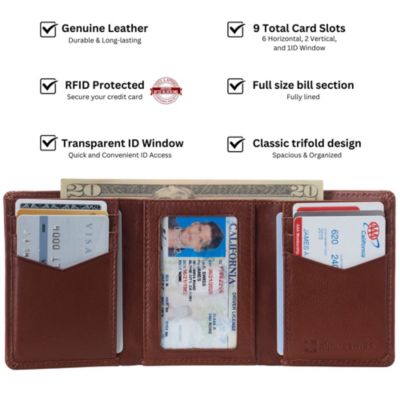 Mens Leon Trifold Wallet RFID Safe Bifold Genuine Leather ID Window