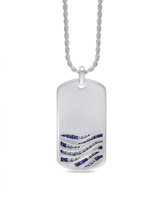 Sterling Silver Deep Blue Sea Design Blue Sapphire, White Topaz Gemstone Tag Chain