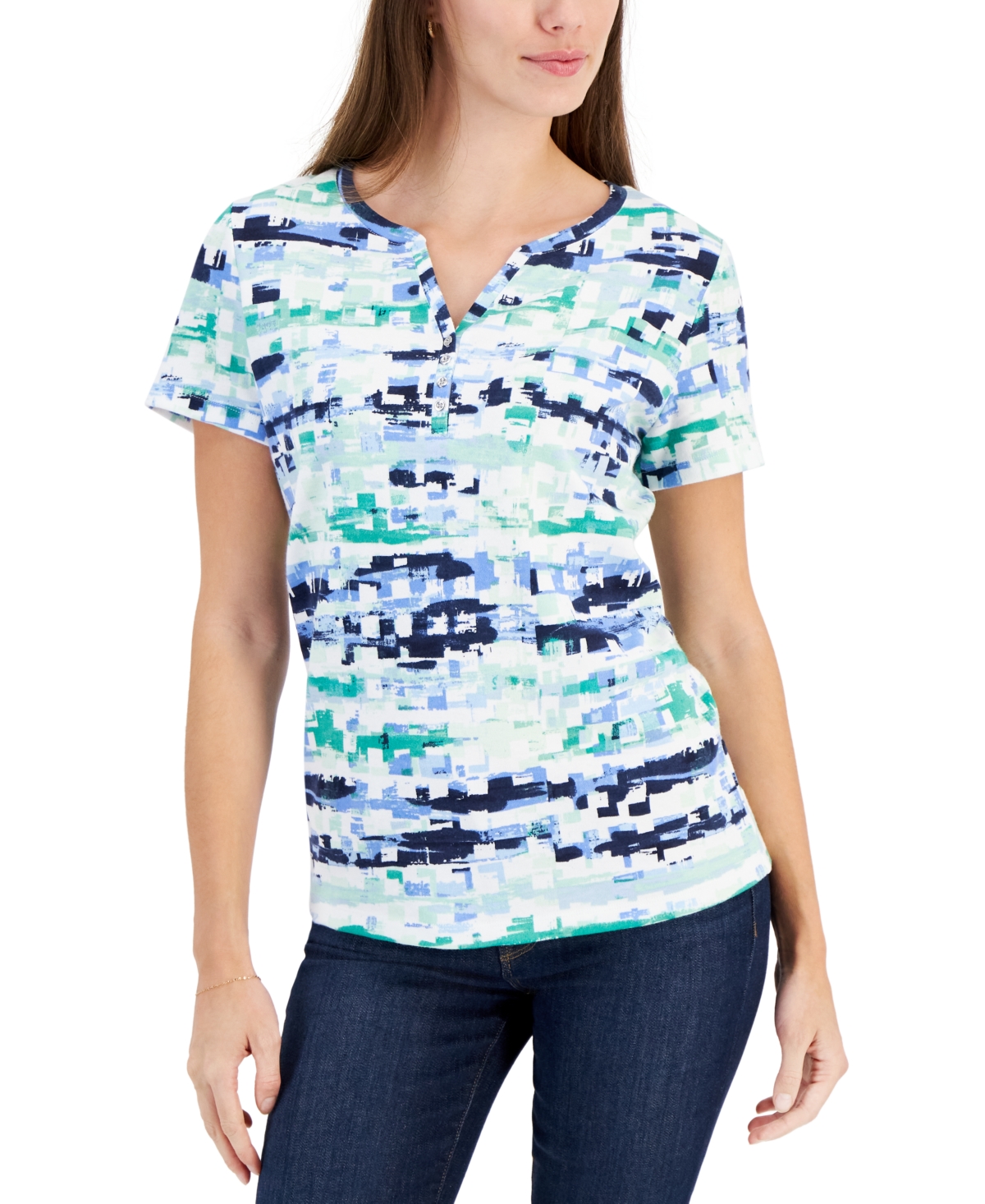 Women's Printed Short-Sleeve Henley Top, Created for Macy's - Aqua Ice