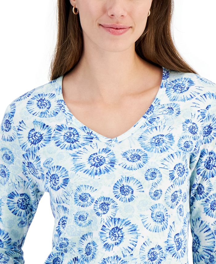Karen Scott Womens Cotton Dot Print Scallop Neck Top Blue Size Small