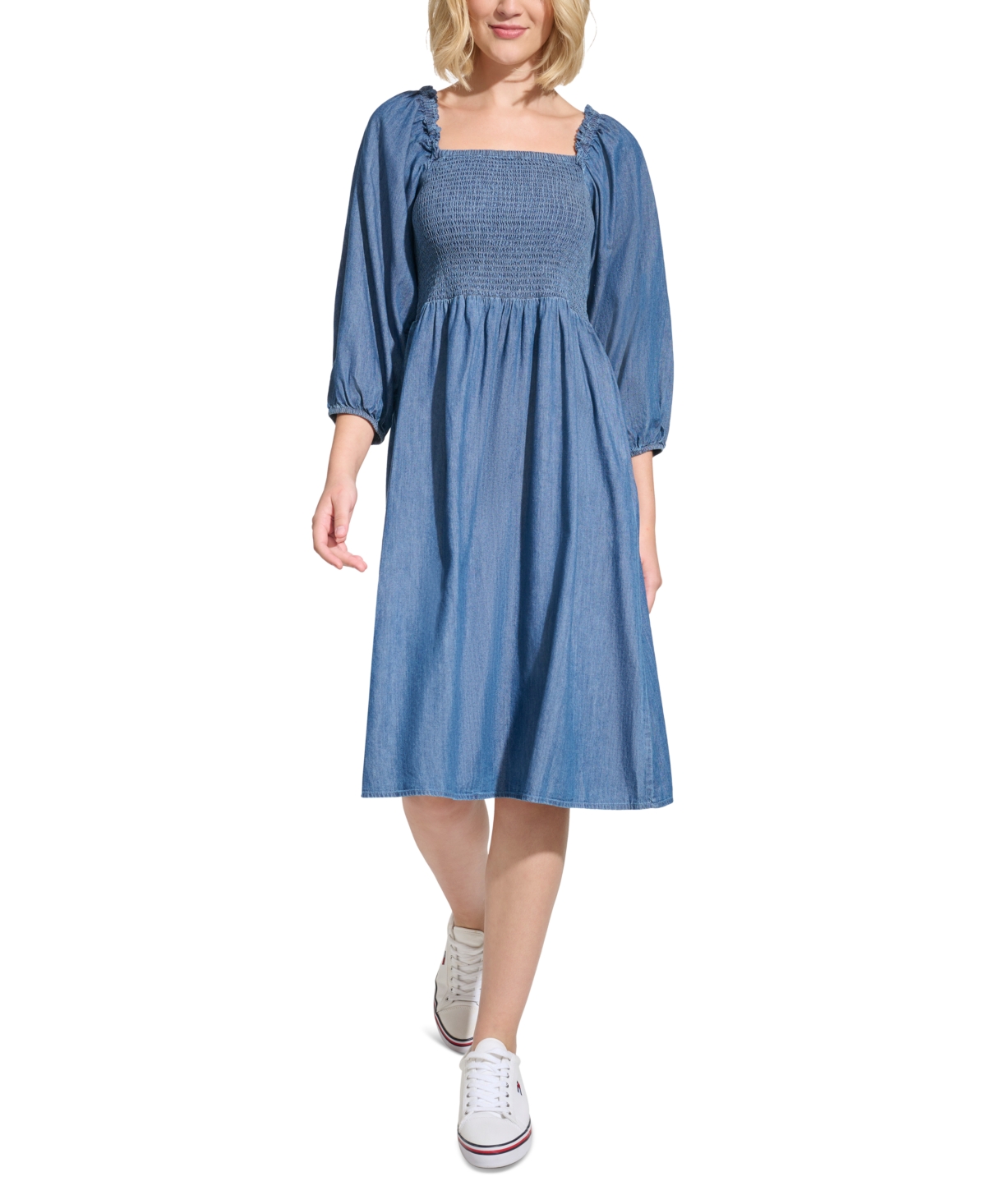 Tommy Hilfiger Women's Chambray Smocked Midi Dress In Ws Med Benson