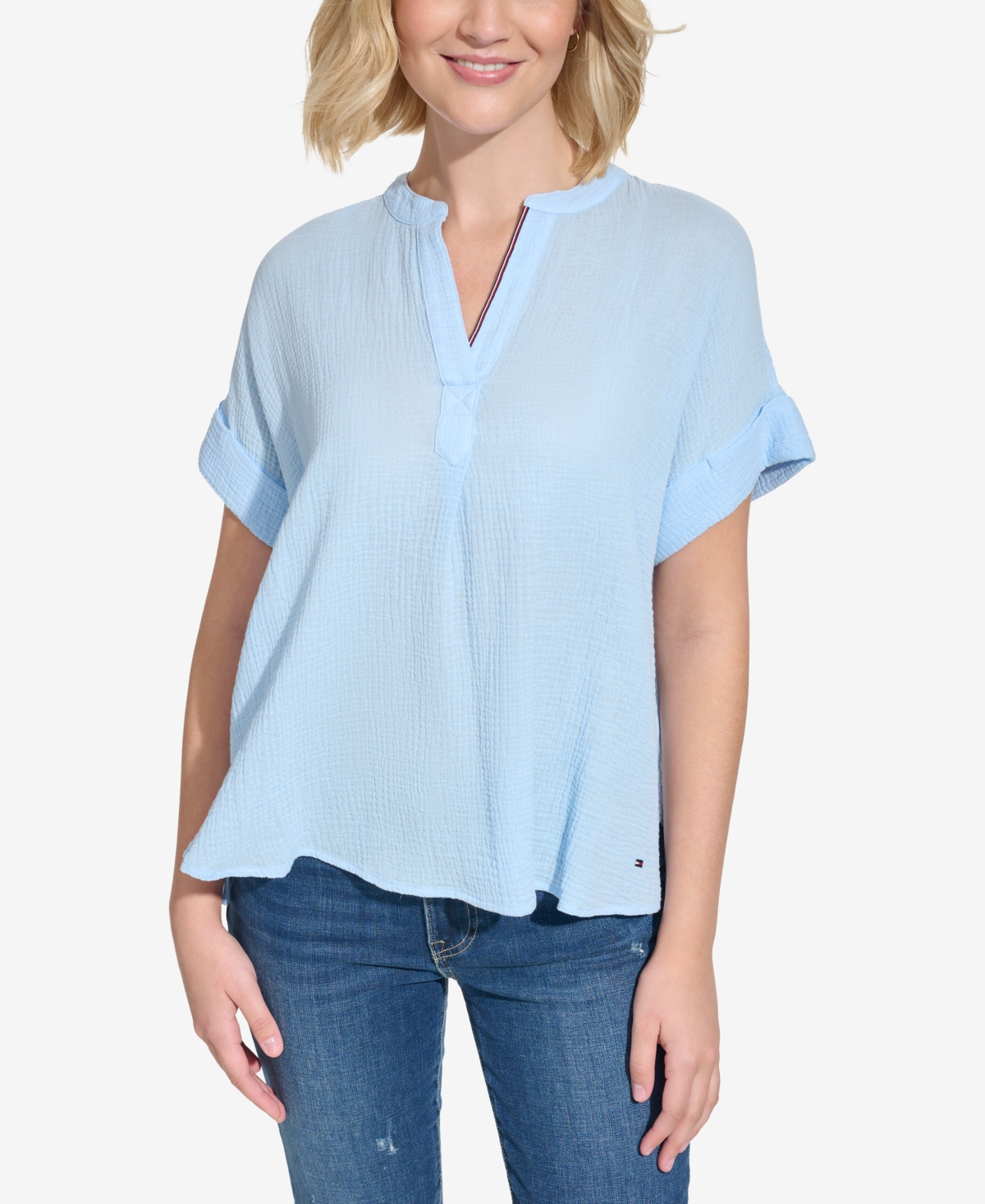 Tommy Hilfiger Women's Cotton Gauze Solid Popover Top In Blue Sky