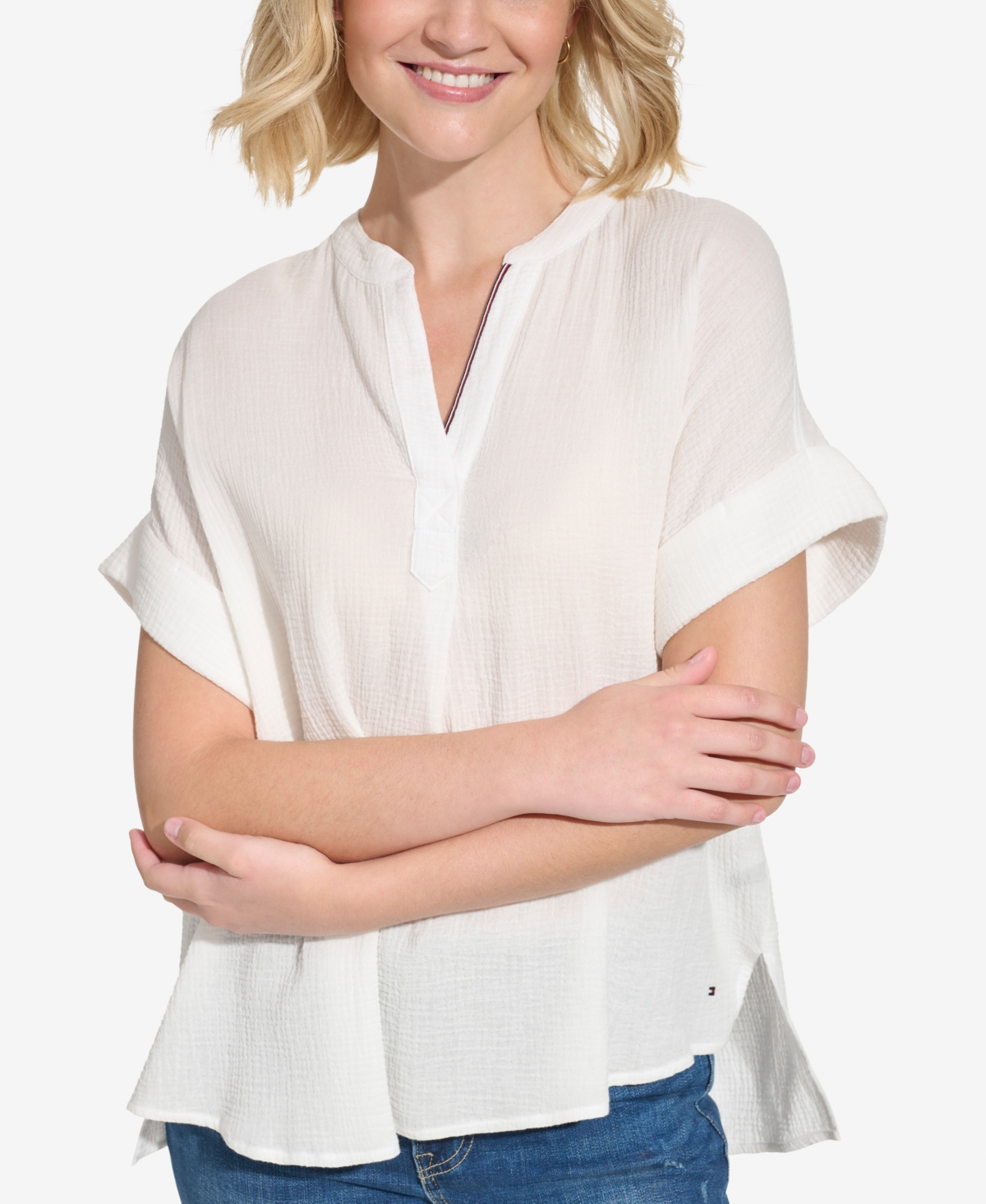 Tommy Hilfiger Women's Cotton Seersucker Damask-stripe Popover Shirt In Brt White