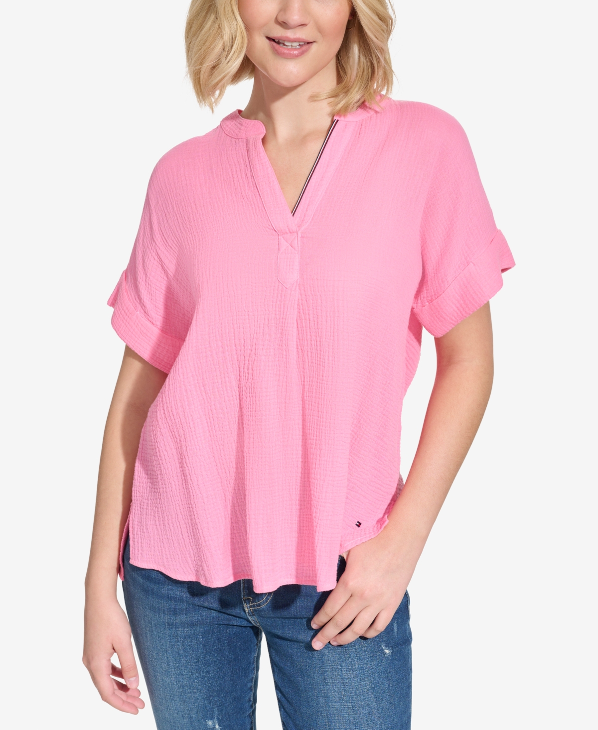 Tommy Hilfiger Women's Cotton Gauze Solid Popover Top In Peony