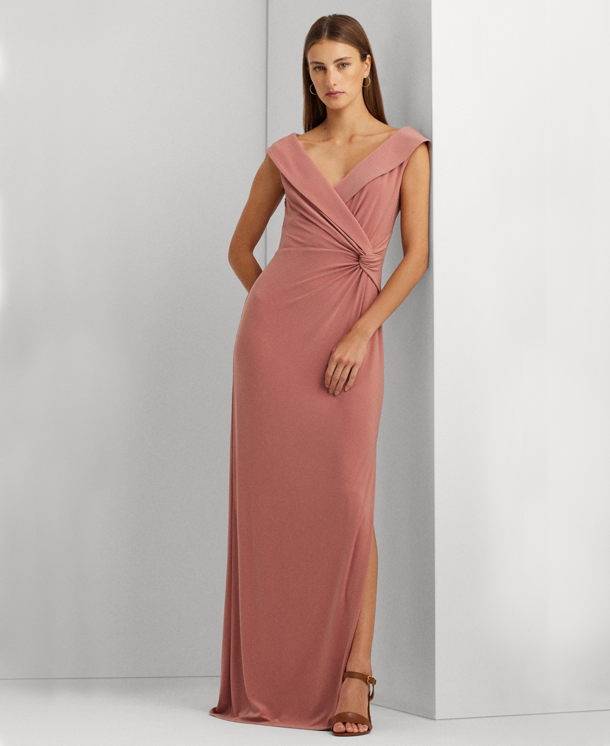 Lauren Ralph Lauren Women's Jersey Off-the-shoulder Side-slit Column Gown In Pink Mahogany