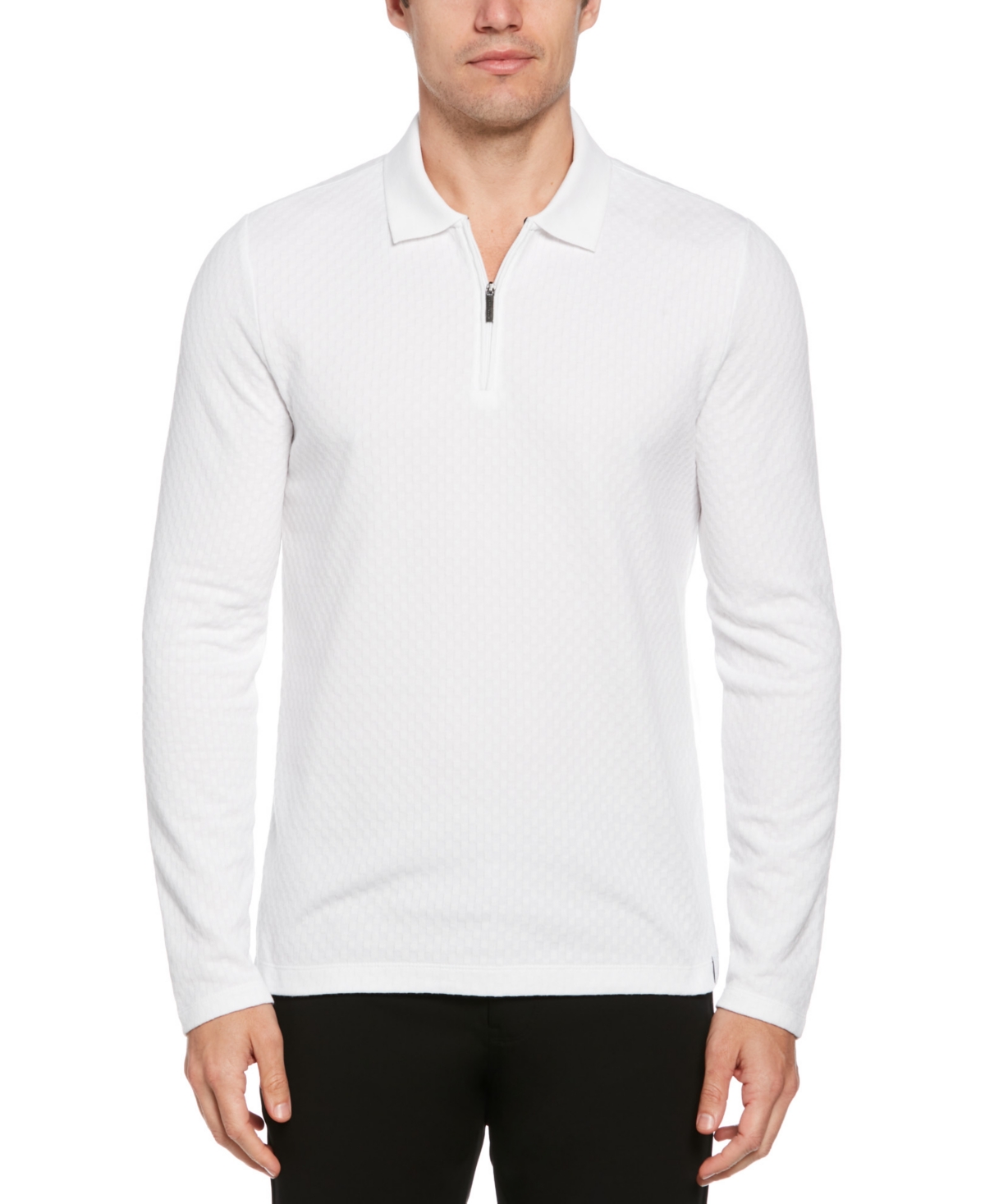 Perry Ellis Men's Long Sleeve Jacquard Quarter-zip Polo Shirt In Bright White