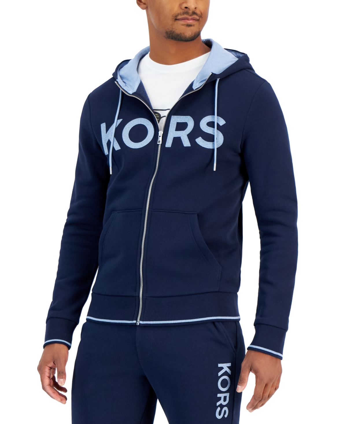 Michael Kors Men's Zip-front Fleece Logo Hoodie In Midnight