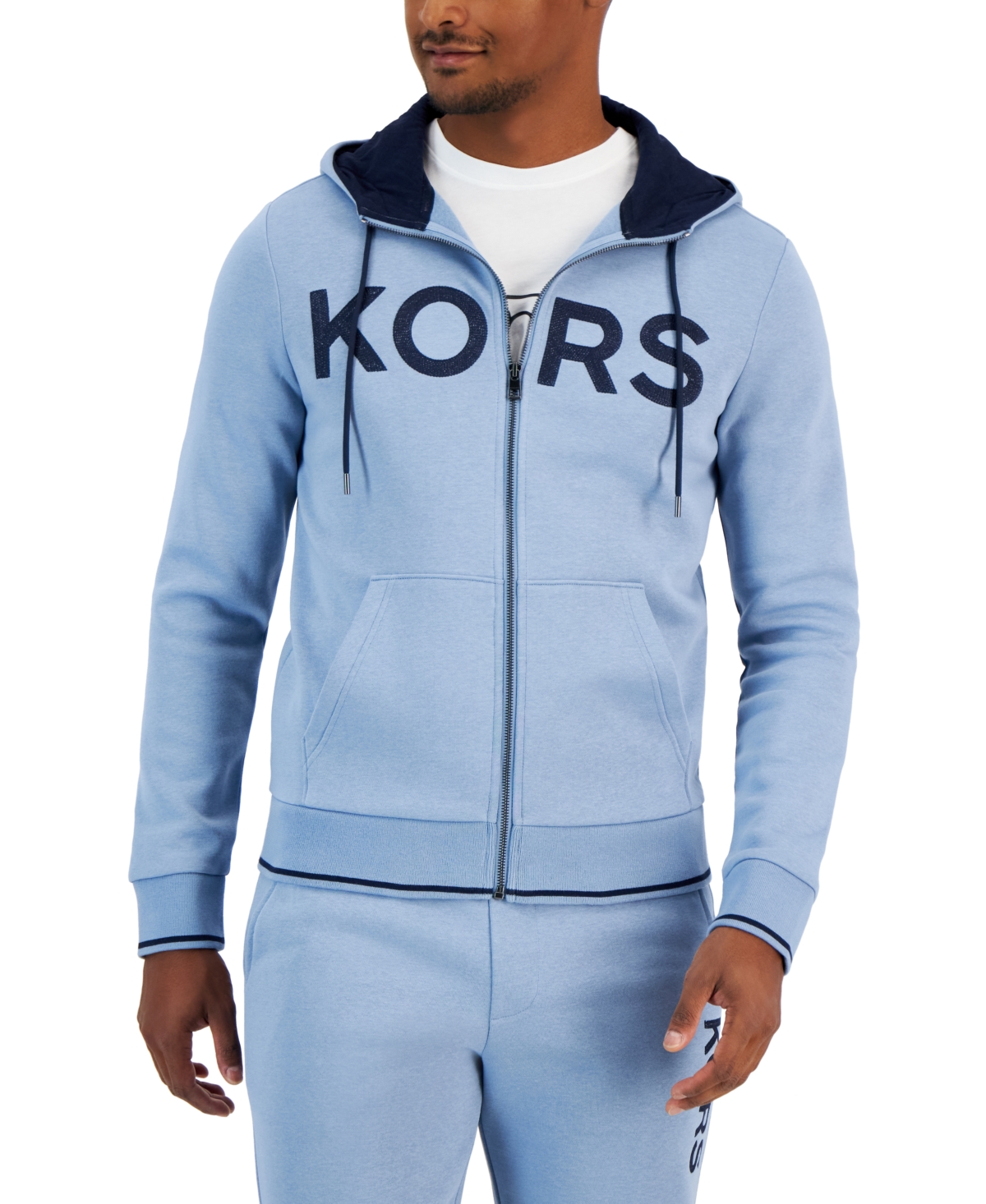 Michael Kors Men's Zip-front Fleece Logo Hoodie In Chambray