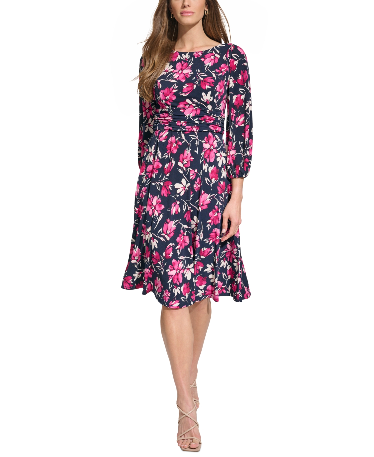 Jessica Howard Women's Floral-print Ruched Midi Dress In Navy Multi