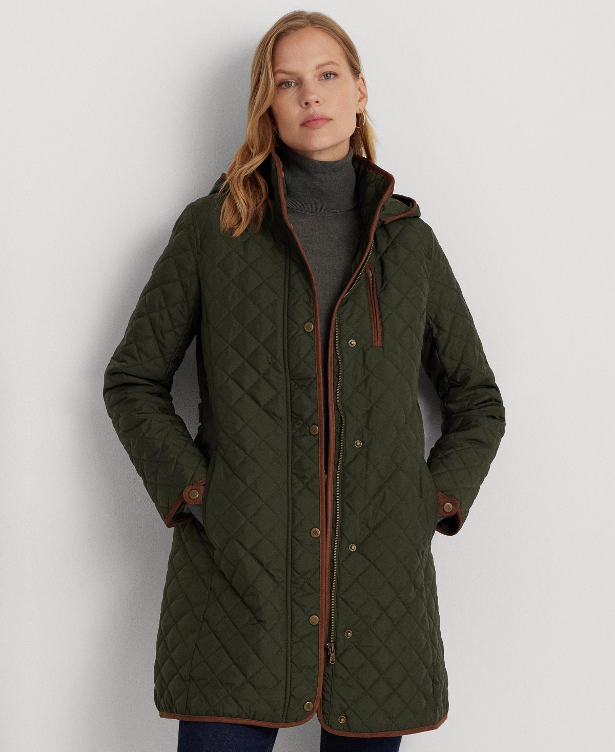 Ralph Lauren Petite Hooded Quilted Faux-suede-trim Coat